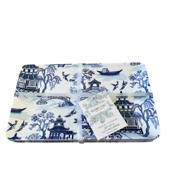 Shabby Chic Melamine Chinoiserie Appetizer Plates White & Blue Willow Set 4 New - Picture 11 of 12